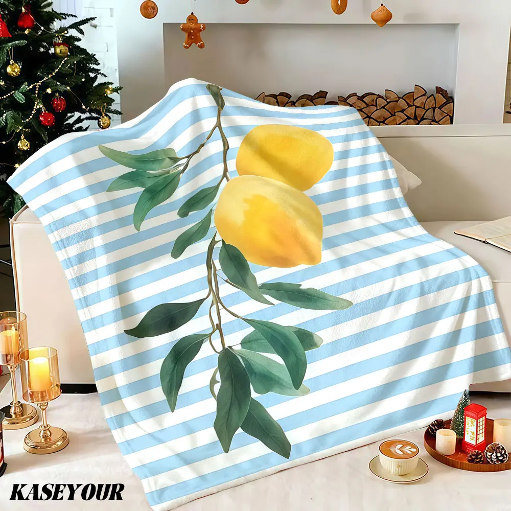 Lemon Branch Blue Stripes Winter Summer Flannel Blanket Throw Fleece Soft Fuzzy Plush Cozy Fleece Blankets for Sofa Ideal Gifts