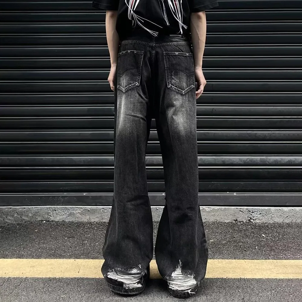 夏のメンズソリッドカラーバギージーンズリッピングアメリカンレトロファッショントレンドヒップホップハイストリートルーズカジュアルシンプルメンズボトムス
