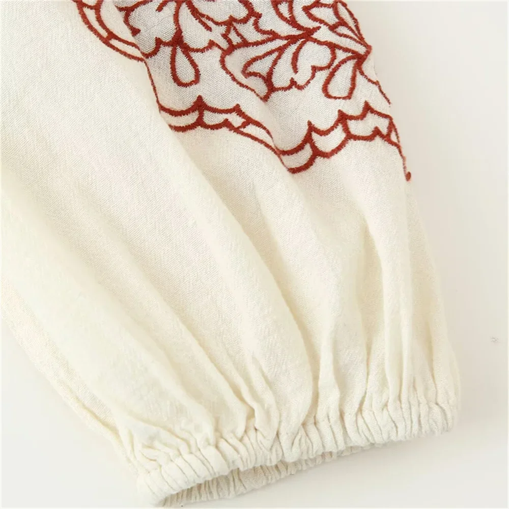 LIBIELIY Women's Lace Embroidered Shirt Round Neck Buckle Decoration Spring/Summer New Product Casual Women's Wear