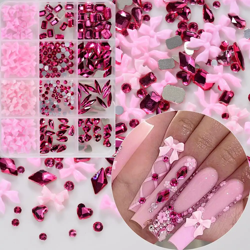 12 Siatek 3D Różowe Kokardki i Różowo-Czerwone Cyrkonie Ozdoby do Paznokci Mieszane Okrągłe/Serce/Kwadrat/Romb Diamentowe Dekoracje do Paznokci DIY Akcesoria do Paznokci