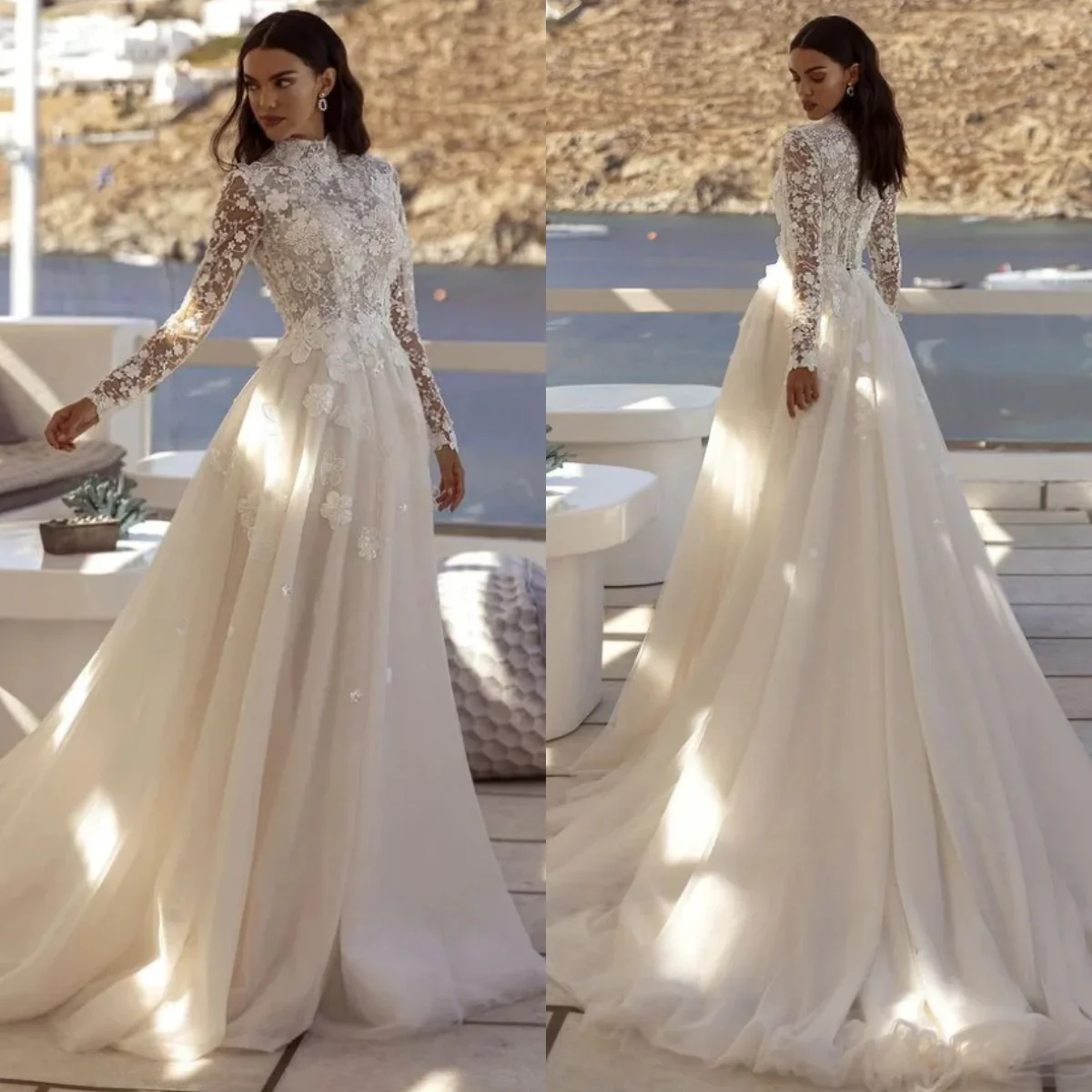 Robes de mariée modestes à col haut, personnalisées, style Boho, manches longues, avec des appliques en dentelle, robe de mariée