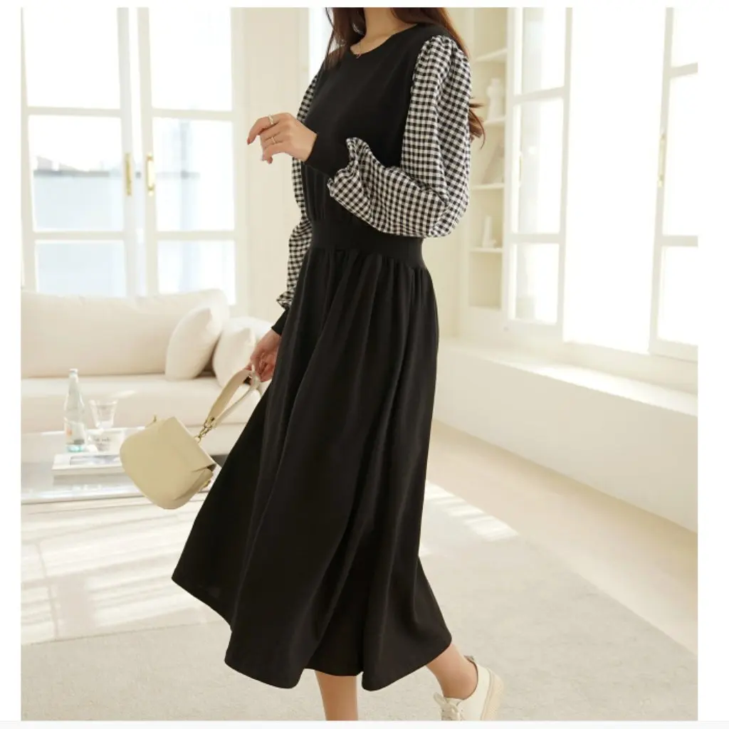 

Новое весеннее вязаное лоскутное платье в корейском стиле больших размеров, маленькое клетчатое женское платье с длинными рукавами и круглым вырезом, эластичной резинкой на талии