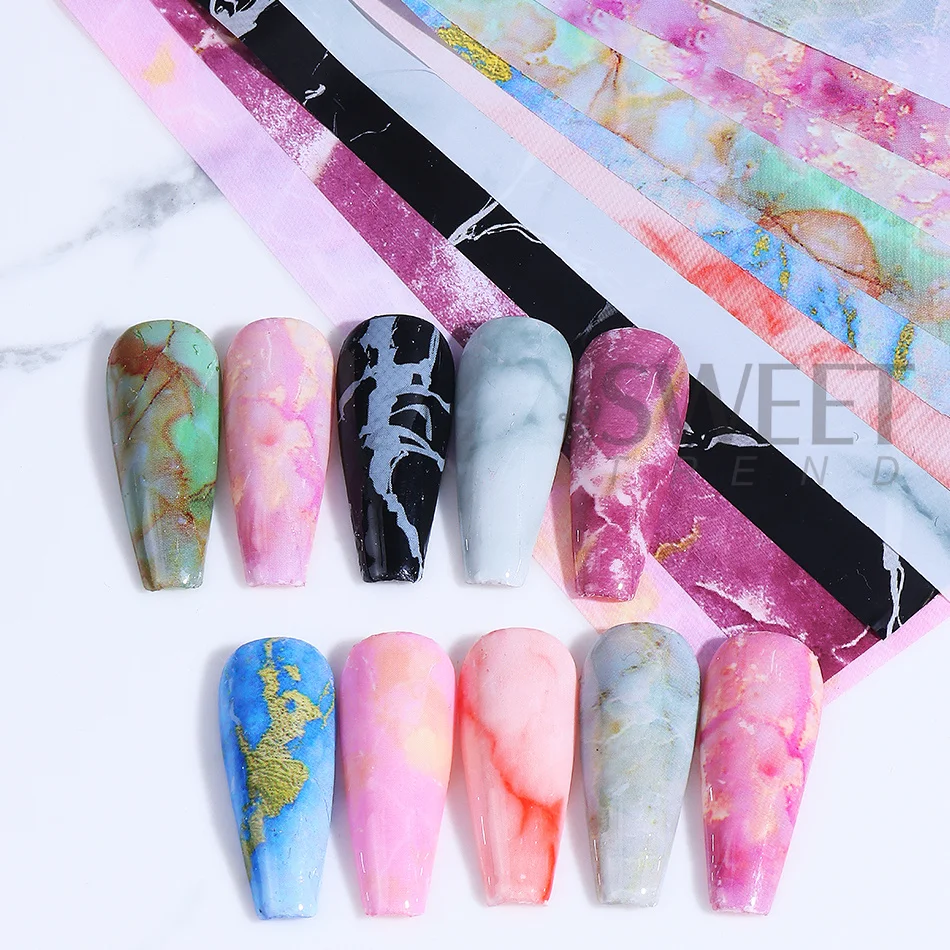 10pcs/pack Mixed Nail Art Foils Transfer Sticker Retro Marble Pattern Starry Sky Nail Slider DIY Manicure Decoration Accessories