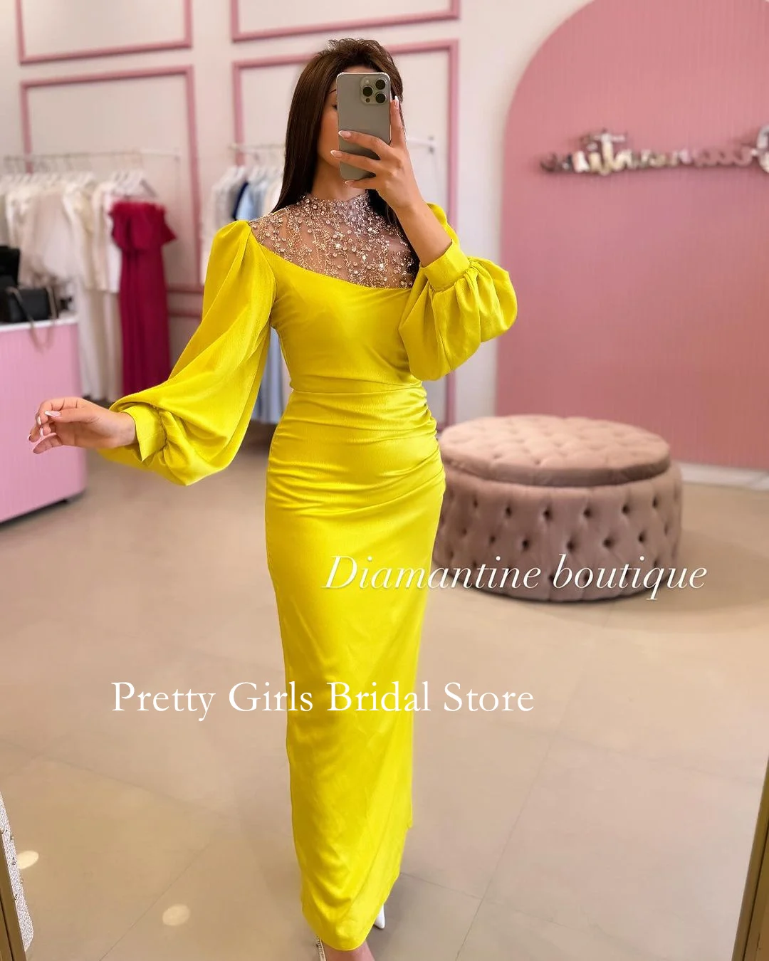 OEING Arabic Style Vintage High Neck Satin Evening Dresses Puff Sleeves Yellow Sequined Formal Prom Growns Party Women Bride