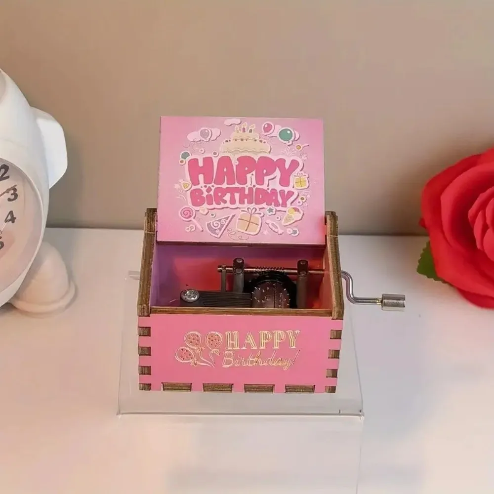 New Happy Birthday Wooden Music Box Classical Hand Crank Carved Musical Box Pink Light Luxury Music Gifts Birthday Gifts