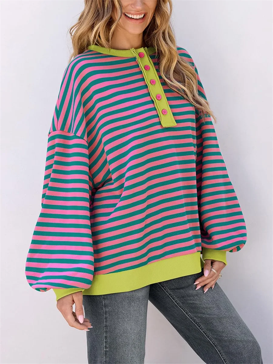 Women Crew Neck Sweatshirts Cute Striped Print Loose Long Sleeve Pullovers Casual Fall Workout Tops Autumn Streetwear