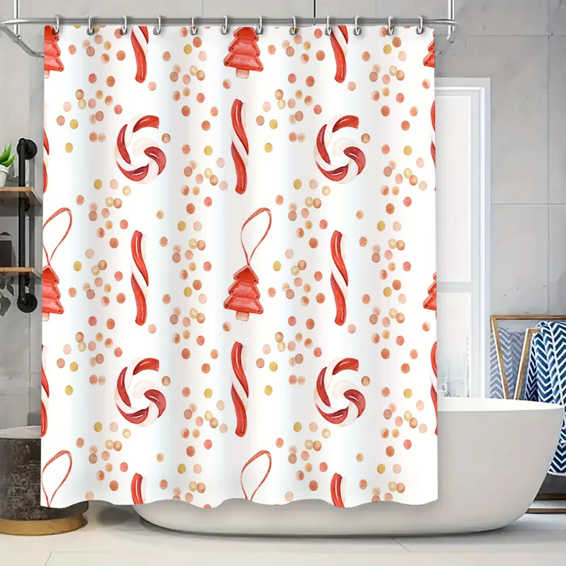 

Рождественская занавеска для душа 2023, декор для ванной комнаты, красная, белая, конфетная трость, цветочный узор, водонепроницаемая полиэфирная ткань, аксессуары для дома bl