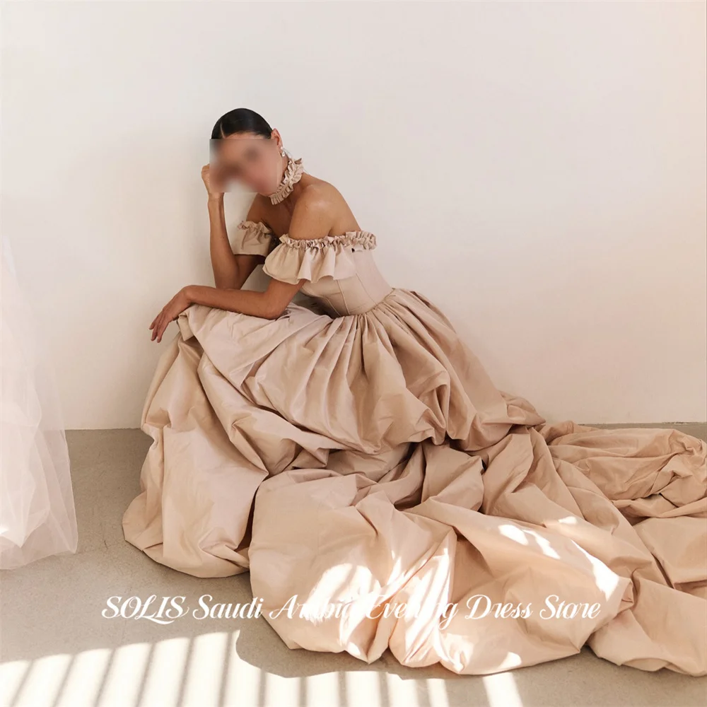 SOLIS Nude Off Shoulder Ruffled Sweetheart Prom Gown Corset Choker Satin Evening Dress Elegant Party Dress With Train Customized view 2