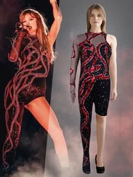 Singer Taylor Cosplay Swift Eras Tour Sparkles 3D Print Costume Sexy Black One Leg Snake Jumpsuit Halloween Bodysuit Women Girls