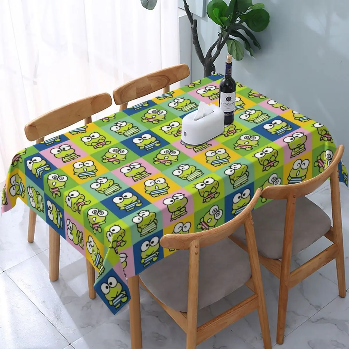 Rectangular Waterproof Oil-Proof Disney Cartoon Kero Kero Keroppi Sanrio Anime Tablecloth Backed Table Cover Fit Table Cloth