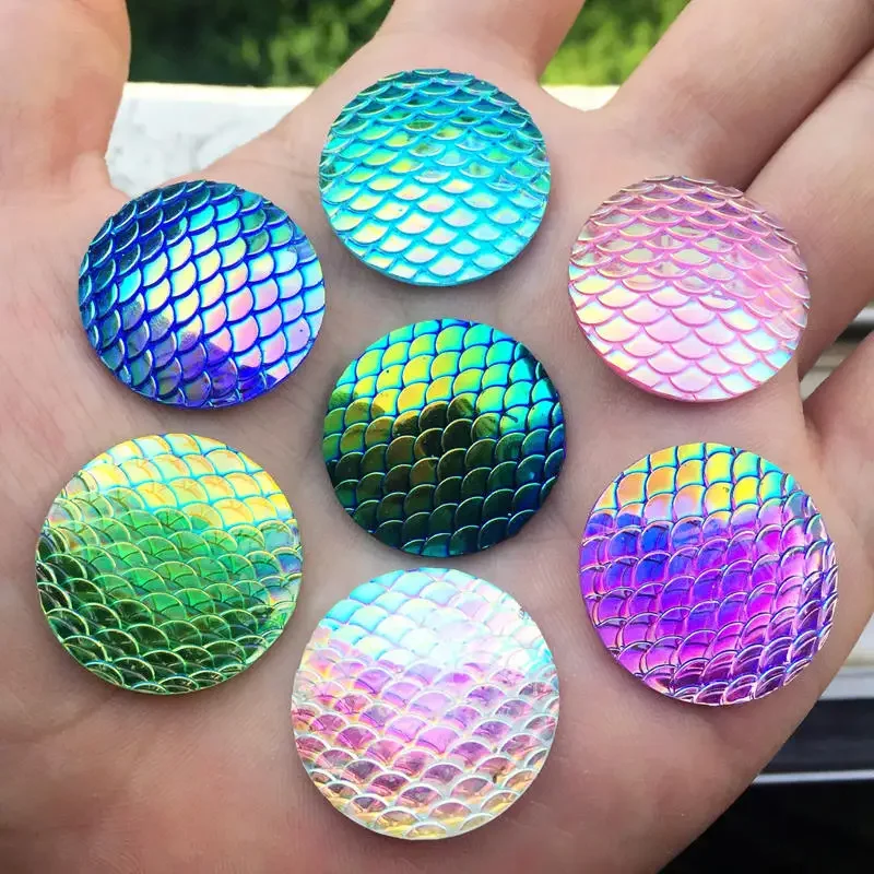 12pcs 25mm Round fish scale resin mermaid cabochon flat back Rhinestone button-B46