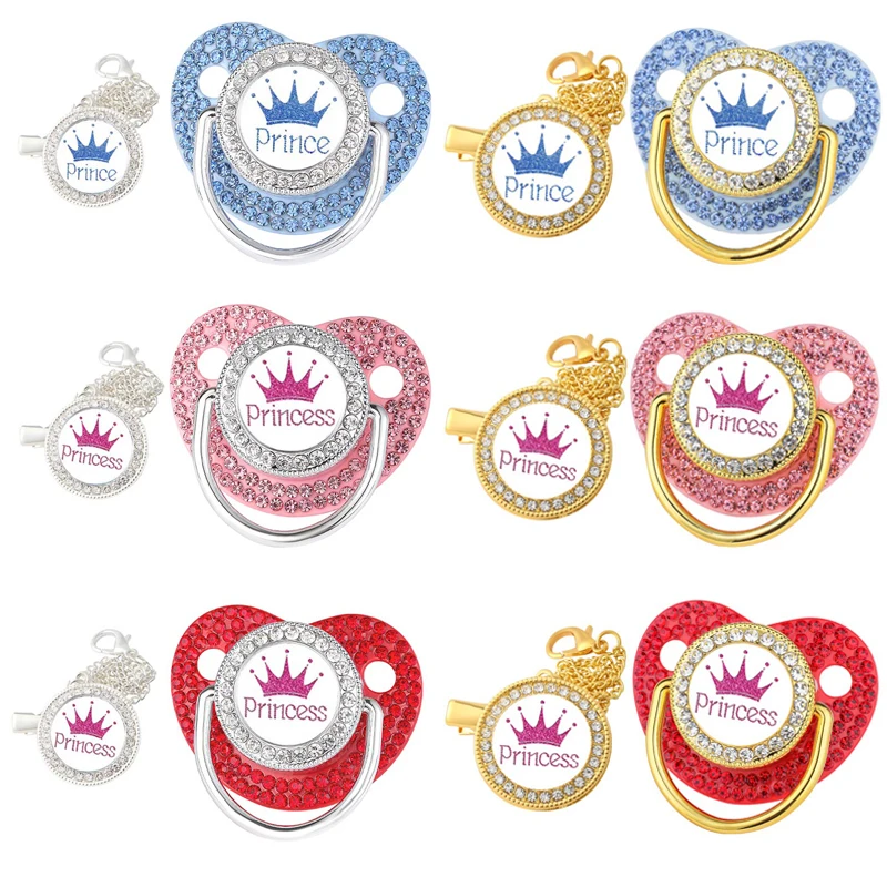 New Baby Pacifier Chain Clips Crown Princess Prince Pacifiers Holder Silicone Nipple Luxury Infant Teether New Born Shower Gifts