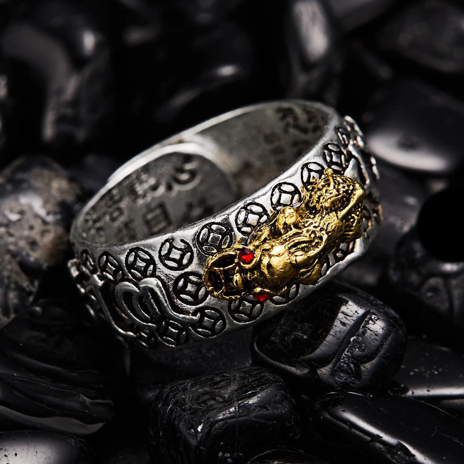 2Pcs/Set Chinese Feng Shui Brass Pixiu Rings For Men Amulet Vintage Copper Coin Adjustable Unisex Ring Bring Wealth Luck Jewelry - view 2