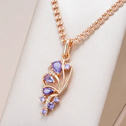 Kinel Hot Shiny Purple Natural Zircon Butterfly Pendant Necklace for Women Trend 585 Rose Gold Color Daily Party Fine Jewelry