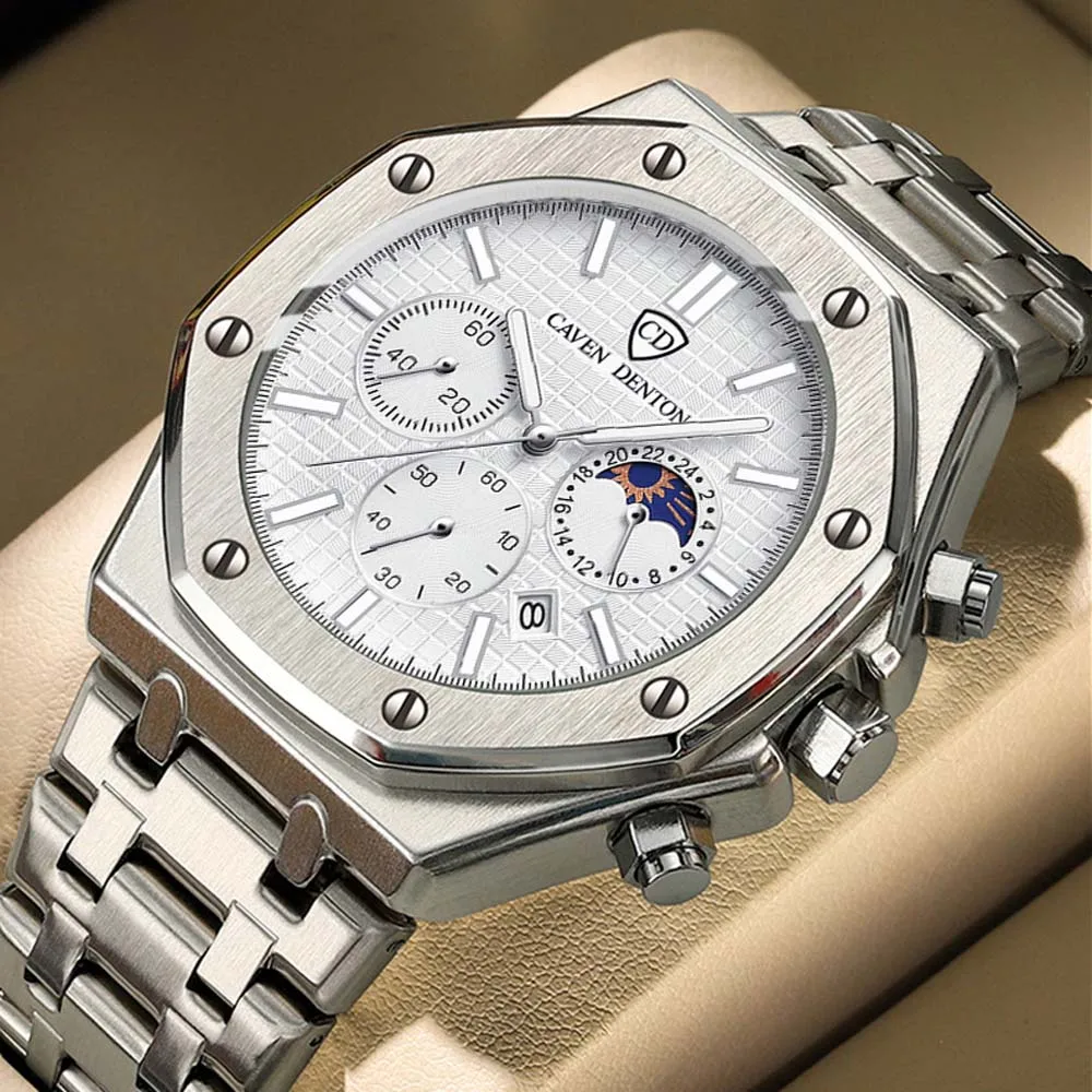 Caven denton relógios masculinos high-end três olhos seis mãos multifuncional fase da lua pulseira de aço inoxidável relógio masculino à prova dwaterproof água