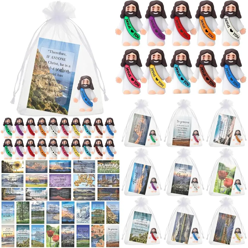 

50 Sets Bulk Christian Bible Verse Cards with Jesus Figurines, Prayer Cards, and Organza Bags for Religious Events and Sunday Ba