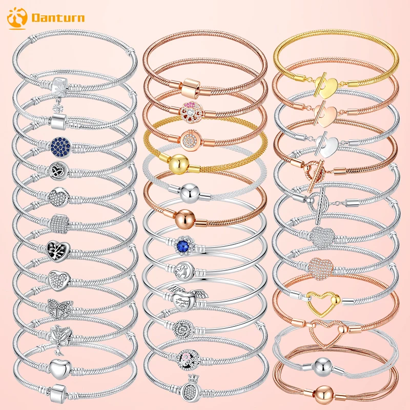 Danturn 925 Sterling Silver Bracelets Gold Heart, Butterfly Crown Women Bangles Luxury Jewelry Anniversary GIft DIY Fashions