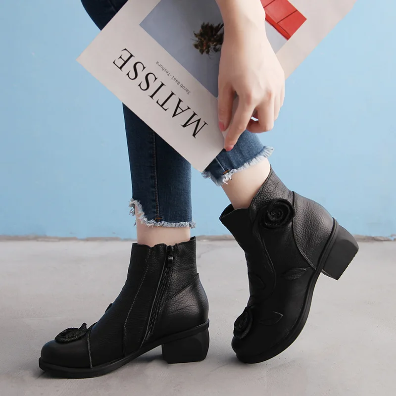 NEW Autumn Winter Women Boots Side Zipper Thick Heel Boots Handmade Folk Style Ladies Fashion Shoes Woman Ankle Boot botas mujer