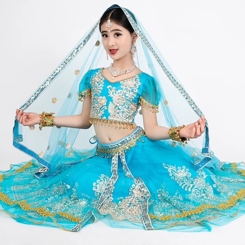 

India Bollywood Dance Costume International Children'S Day Belly Dance Competition Clothes Blue Tops Swing Skirt Suit DQL8591