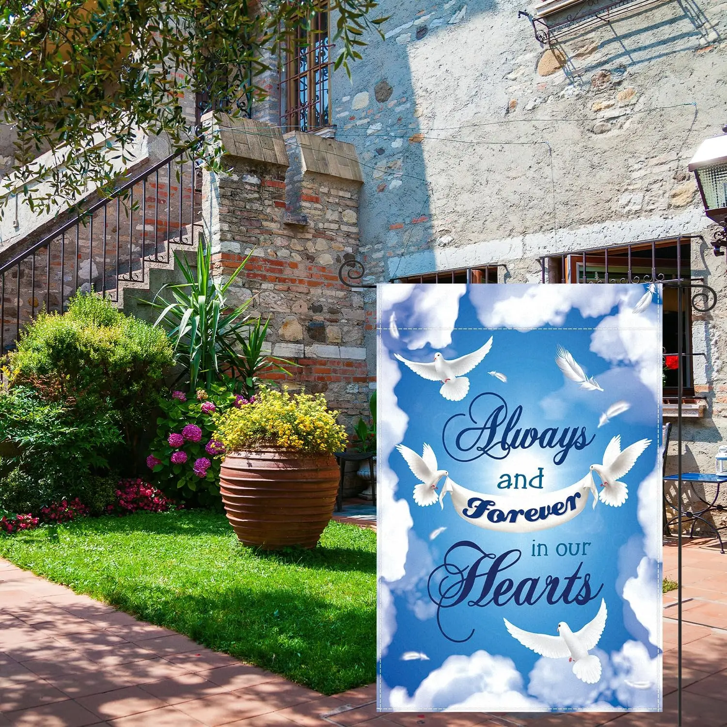 Always and Forever in our Hearts Garden flag Memorial Day Yard Lawn Decorations Love Cemetery Memorial Religious Bereavement zzo