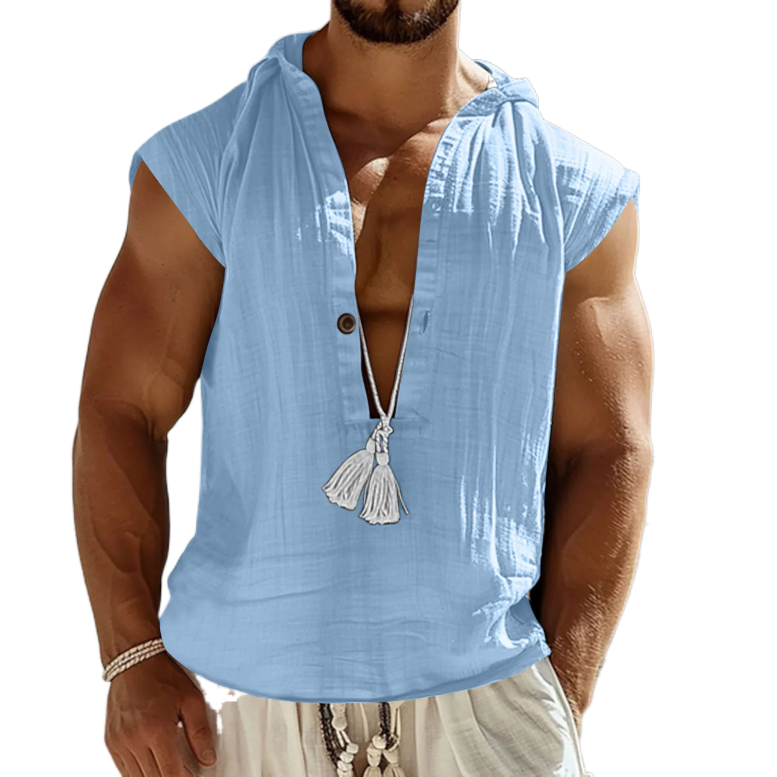 

2026 Summer Men Vintage V-Neck Sleeveless Shirt Linen Hooded Vest Casual Loose Breathable Solid Color Daily Leisure Tops For Men