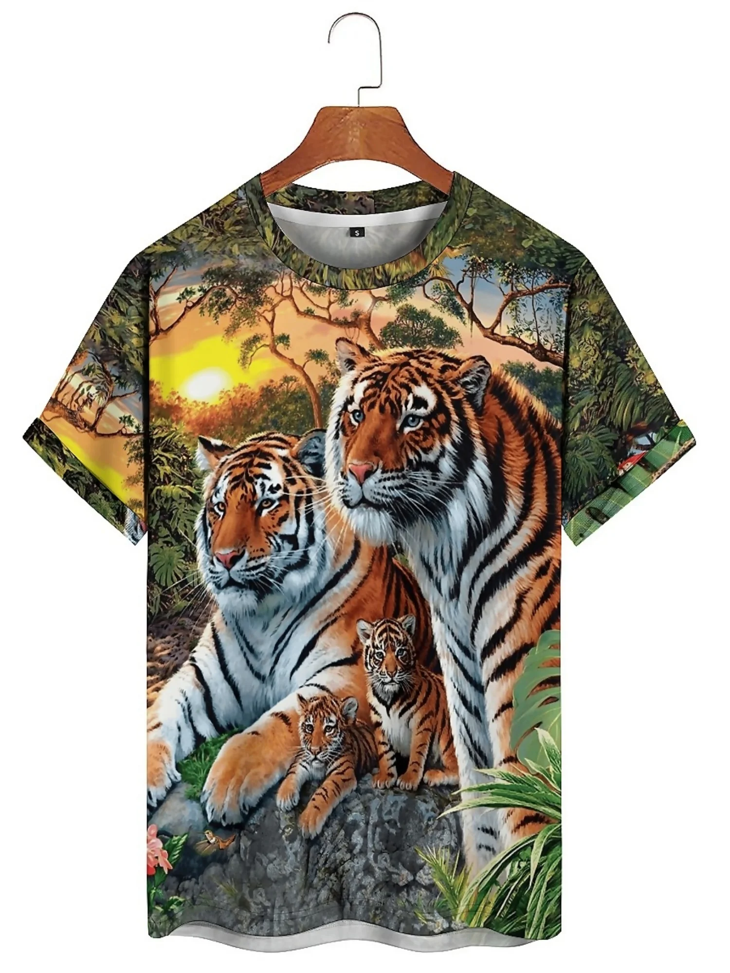 Camiseta masculina com estampa 3D Tiger Family – Design Vibrant Sunset, ajuste solto, manga curta, poliéster, camiseta casual de verão