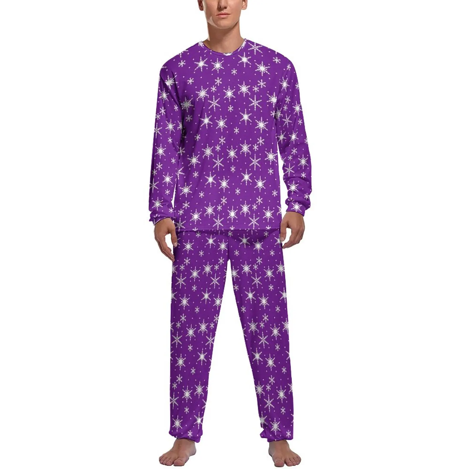 Snowflake Winter Pajamas Man Purple White Kawaii Sleepwear Spring Long-Sleeve 2 Pieces Bedroom Graphic Pajama Sets