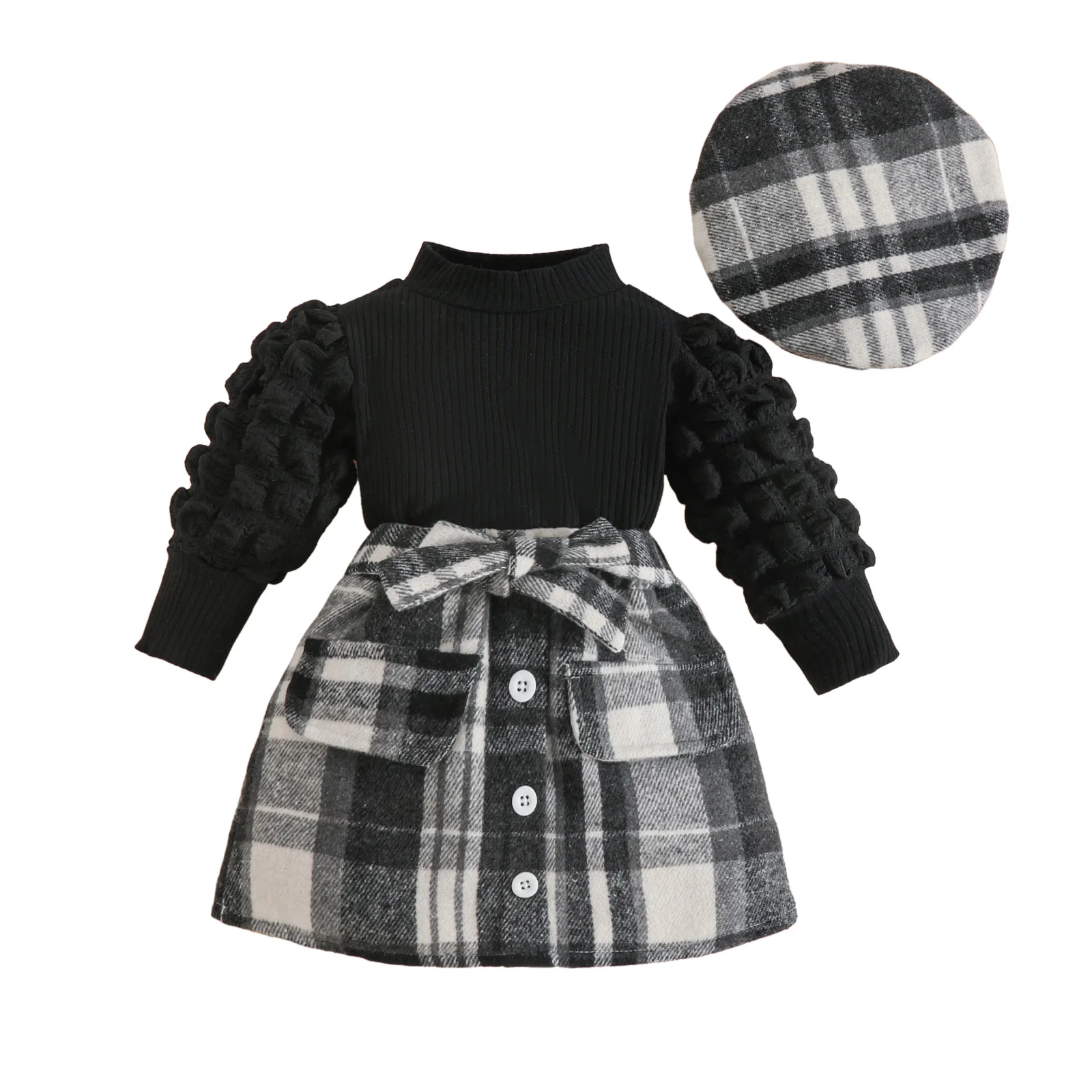 

Kids Fashion Black Knitted Sweater With Plaid Bowknot Skirt Two-Piece Outfit Winter Clothes Long Sleeve Knit T Shirt Tops