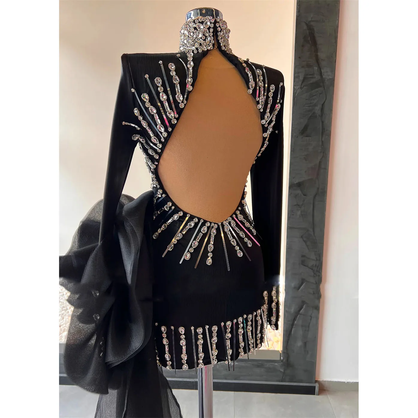 Real image Sexy Backless Short Prom Dresses Black Mini Cocktail Gowns Straight Crystals Birthday Party Dresses Full Sleeve