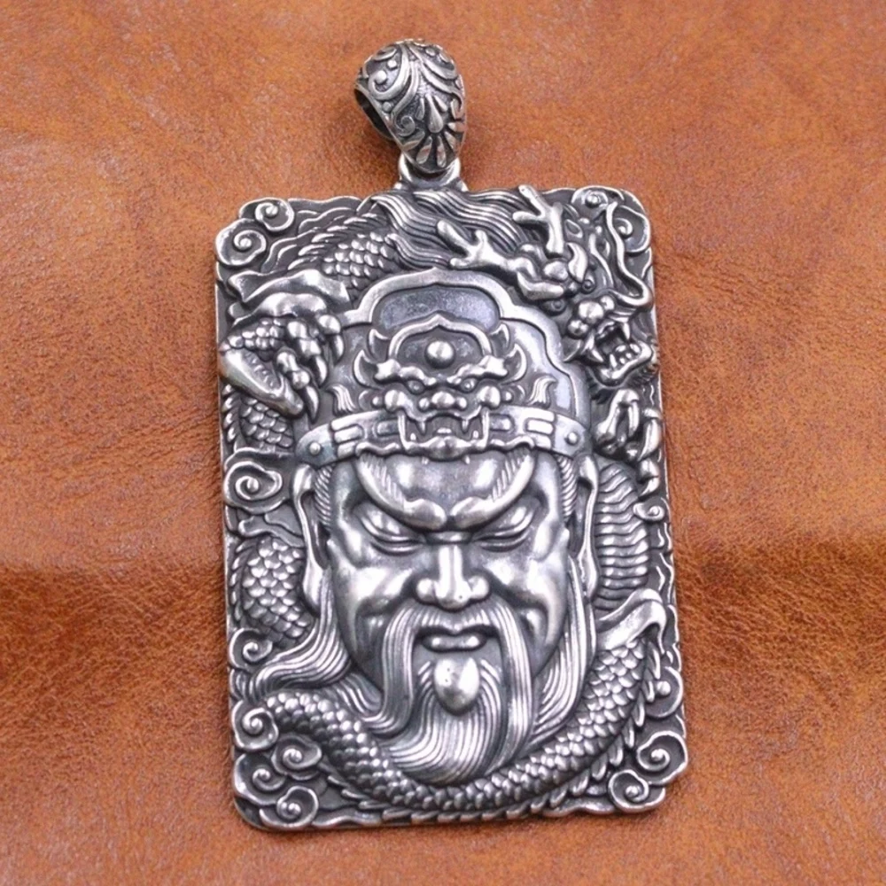 

Real Pure 990 Fine Silver Men Lucky Retro Cloud Dragon Guan Yu Oblong Pendant 51-52g