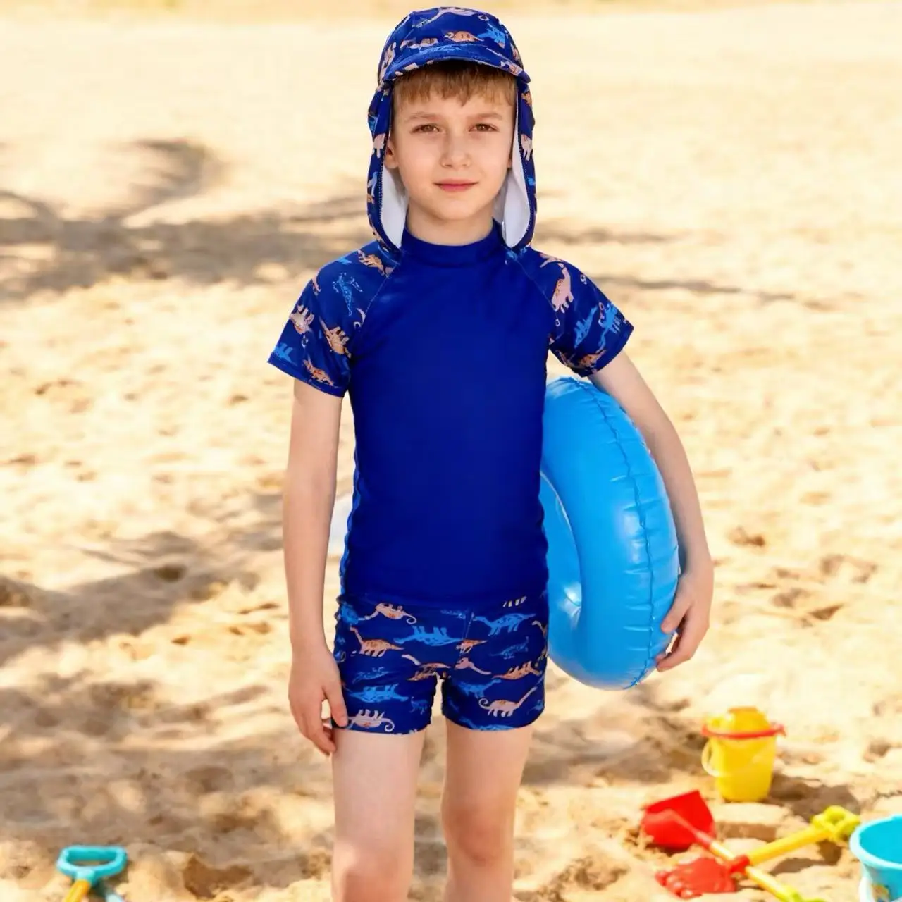 

Детский купальник из двух частей с принтом динозавров, пляжная одежда для серфинга, защита от ультрафиолета, шапочка для плавания, комплект для мальчиков с рукавами