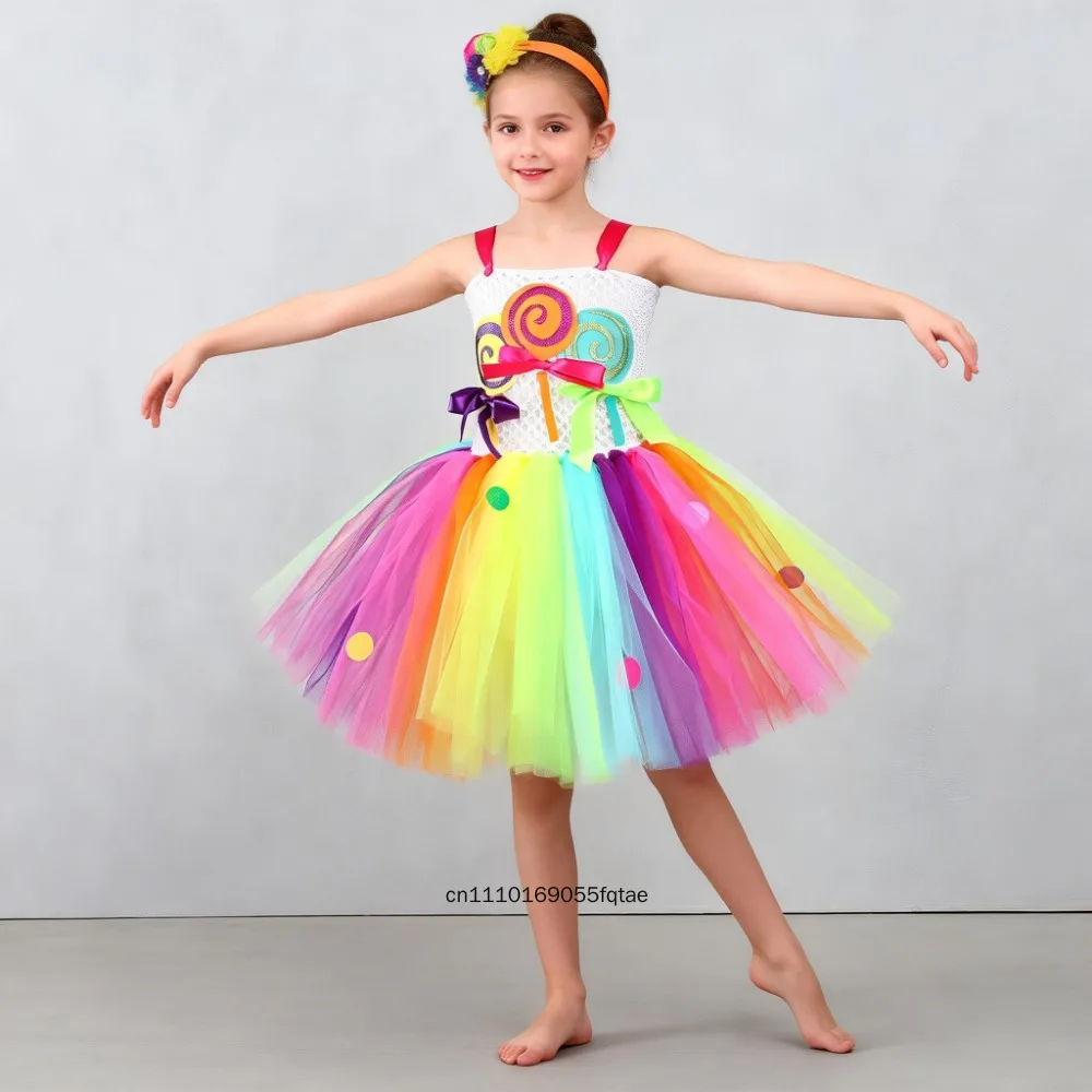 

Rainbow Candy Lollipop Costume For Girls Birthday Party Princess Tutu Dress Ball Gown Carnival Christmas Halloween Fancy Dress