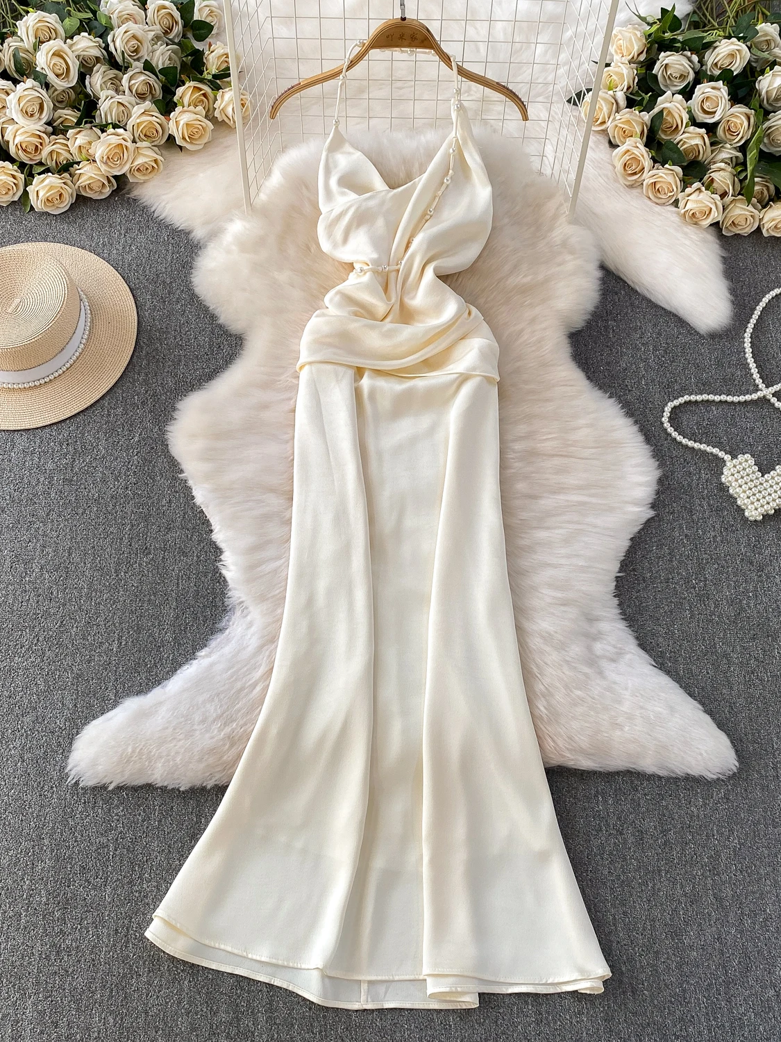 Robe rétro perlée Nelace sans bretelles pour femmes, taille haute, en Satin de soie, Sexy, longue jupe trapèze pour Banquet