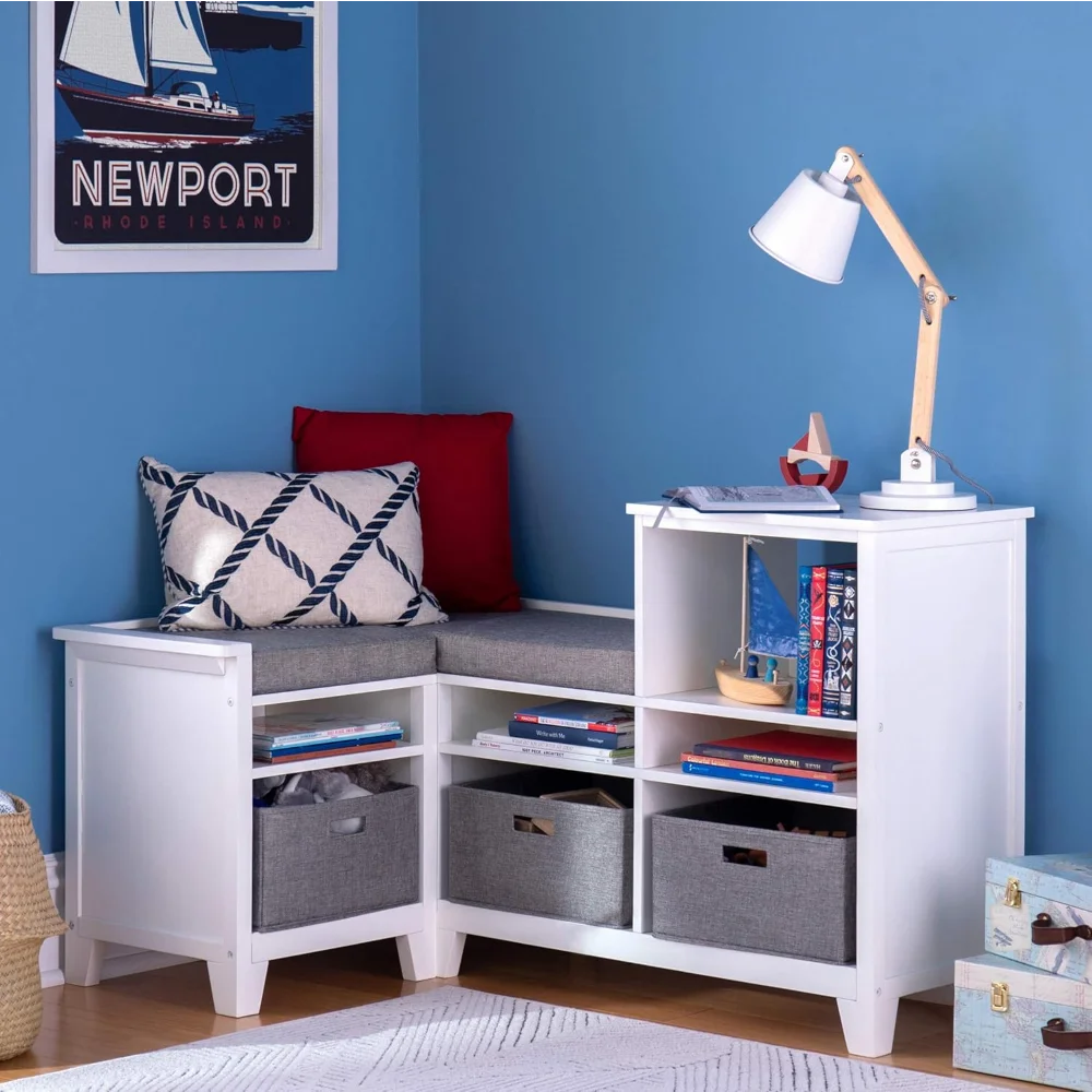 Kids' Corner Nook - Linen White: Wooden Storage Bench Bookcase Organizer with Seat Cushion and Fabric Bins