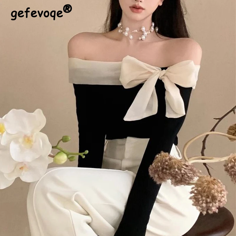 

Women's Clothing Sexy Off Shoulder Bow Patchwork Basic Knitted T Shirt Elegant Luxury Chic Sweet Long Sleeve Slim Pullover Tops