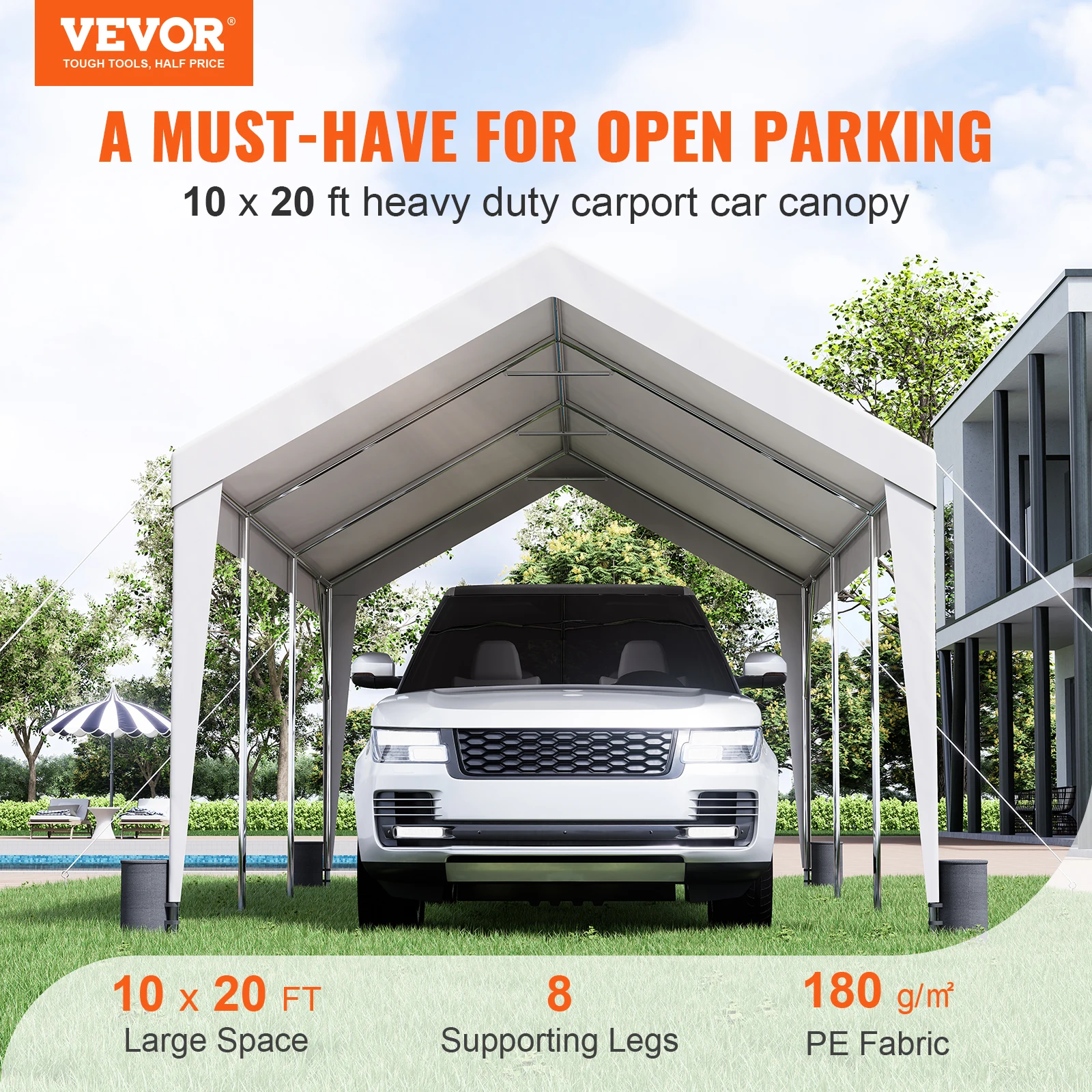 VEVOR Carport 10x20ft Heavy Duty Car Canopy Garage with 8 Reinforced Poles and 4 Weight Bags UV Resistant Waterproof Tarp