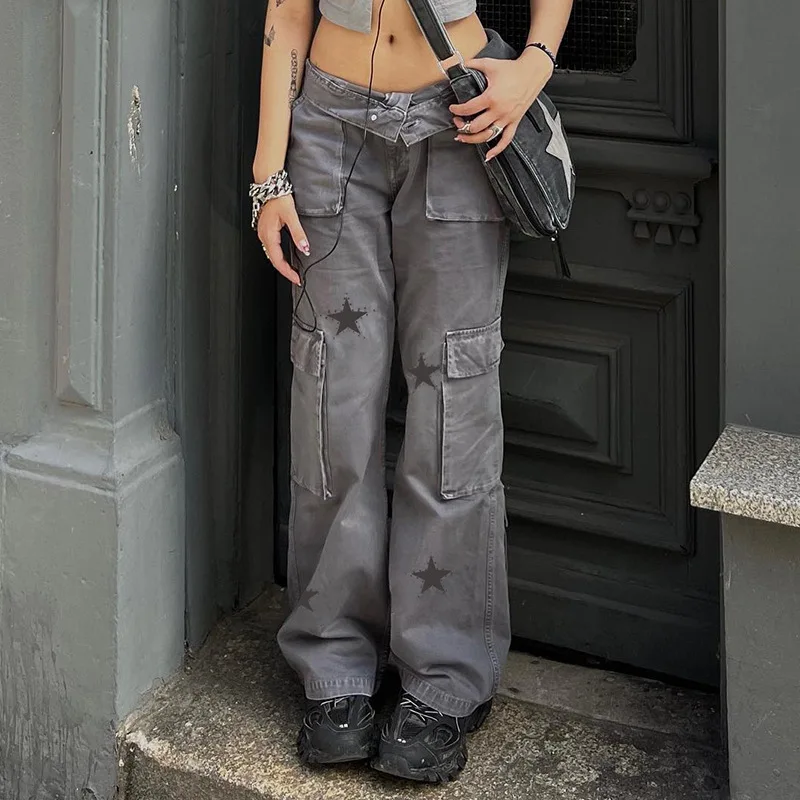 Vita bassa Jeans Vintage Star Retro Multipockets Cargo Pantaloni Streetwear Moda Y2k Grunge Grigio Estetico Vestiti 90s