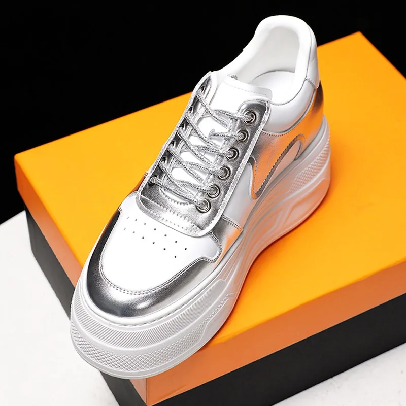 

Women Casual Shoes White Silver Genuine Leather Hidden Heel Sneakers Thick Sole Chunky Platform Shoes