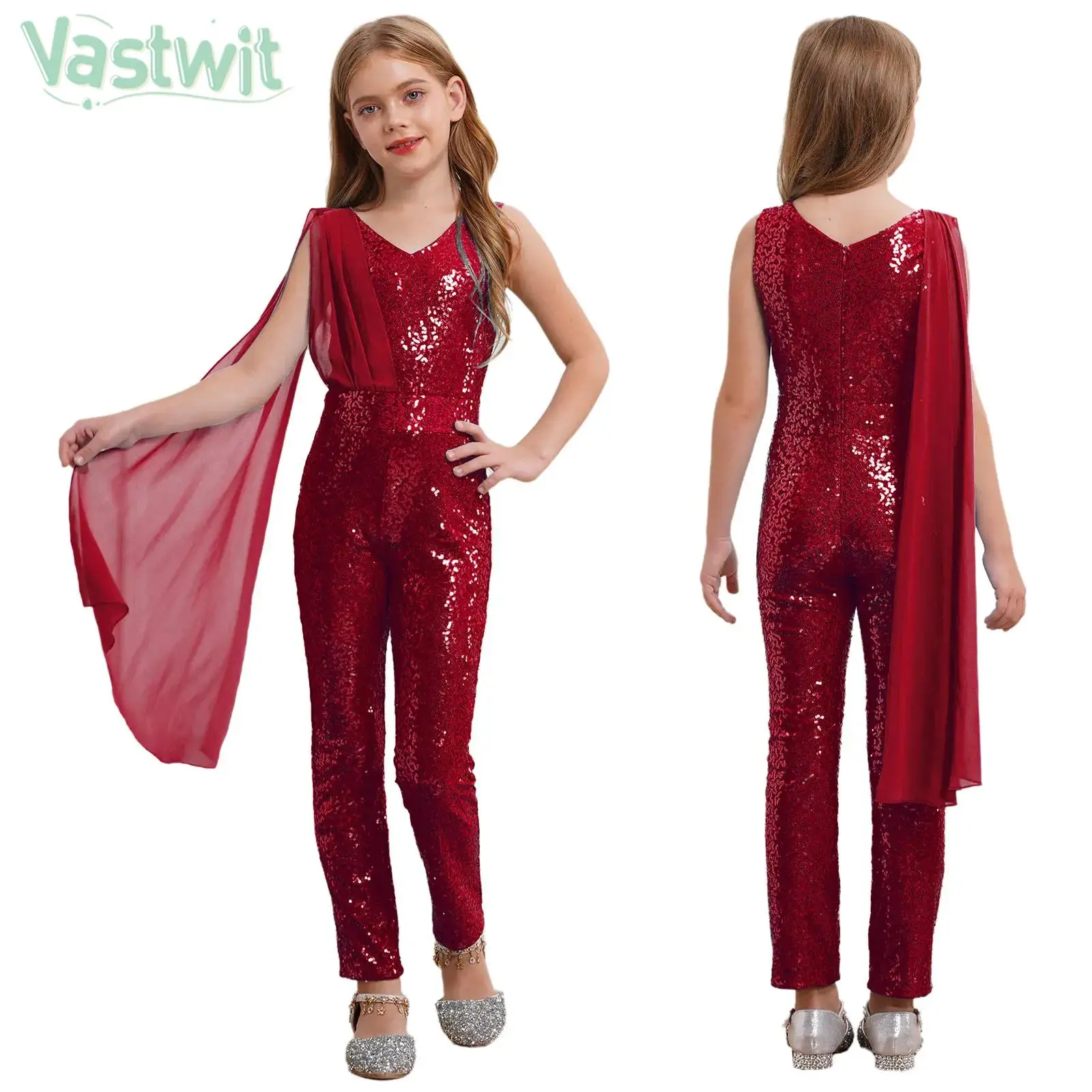 

Teen Girls Elegant Party Jumpsuit Shiny Sequin Sleeveless Solid Color Chiffon Shawl Bodysuit for Birthday Wedding Prom Dancing