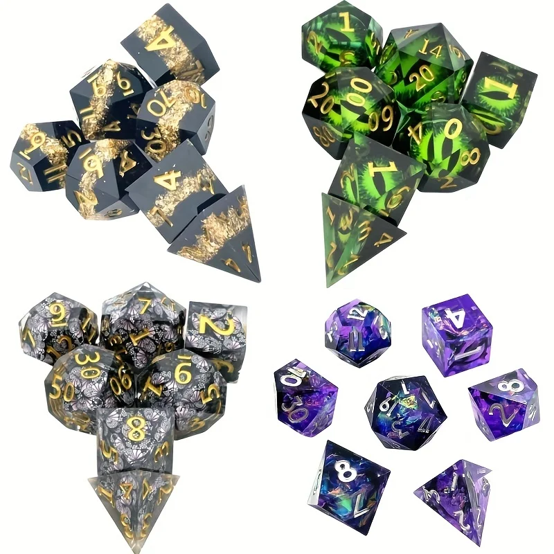 

7 Pcs Resin Plyhedral Dice Golden Numbers Dice Sharp Edges Dice Suitable For Role Playing Games RPG Dice Board Games