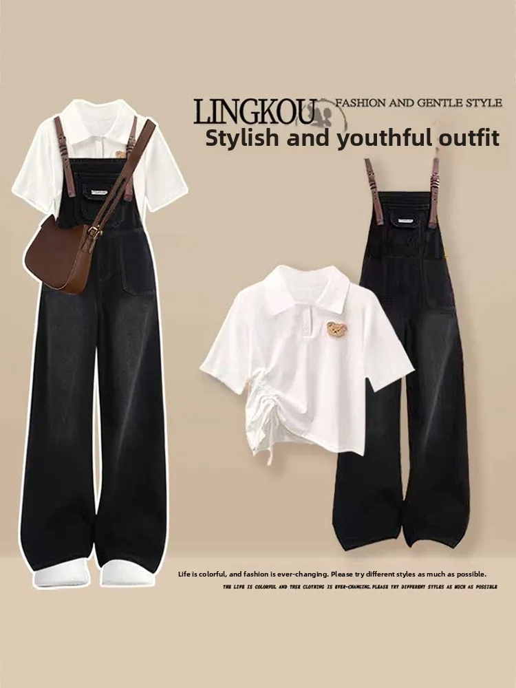 

Vintage Summer Anti-Aging Women's Set Collar Drawstring Denim Overalls Two-Piece Set Soft Polite T-Shirt Long Pants