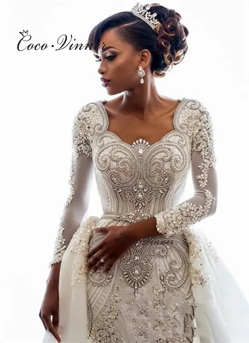 Vestido de novia africano 2 en 1 de lujo personalizado, vestido de novia de sirena con apliques bordados de encaje con cuentas, cola desmontable W1430