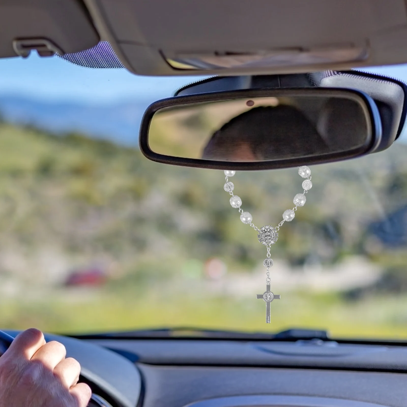 

Car Rosary Bracelet White Cross Pendant Hanging Accessories Rearview Mirror Charms Car Decorations Interior Items