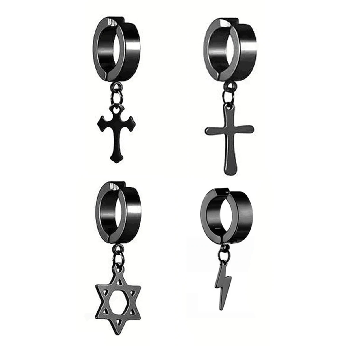 7 pcs men\'s punk cross lightning star array stainless steel magnet fake earring sets