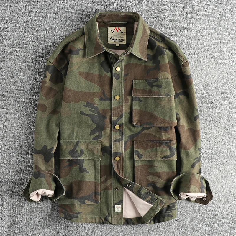 Chaqueta de camuflaje retro para hombre, camisa de carga, diseño tridimensional, color caqui