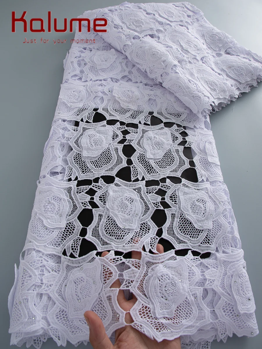 Kalume Guipure African 3D Embroidered Lace Fabric High Quality 2026 Knitted Water Soluble Nigerian Cord Lace Fabric for Sewing