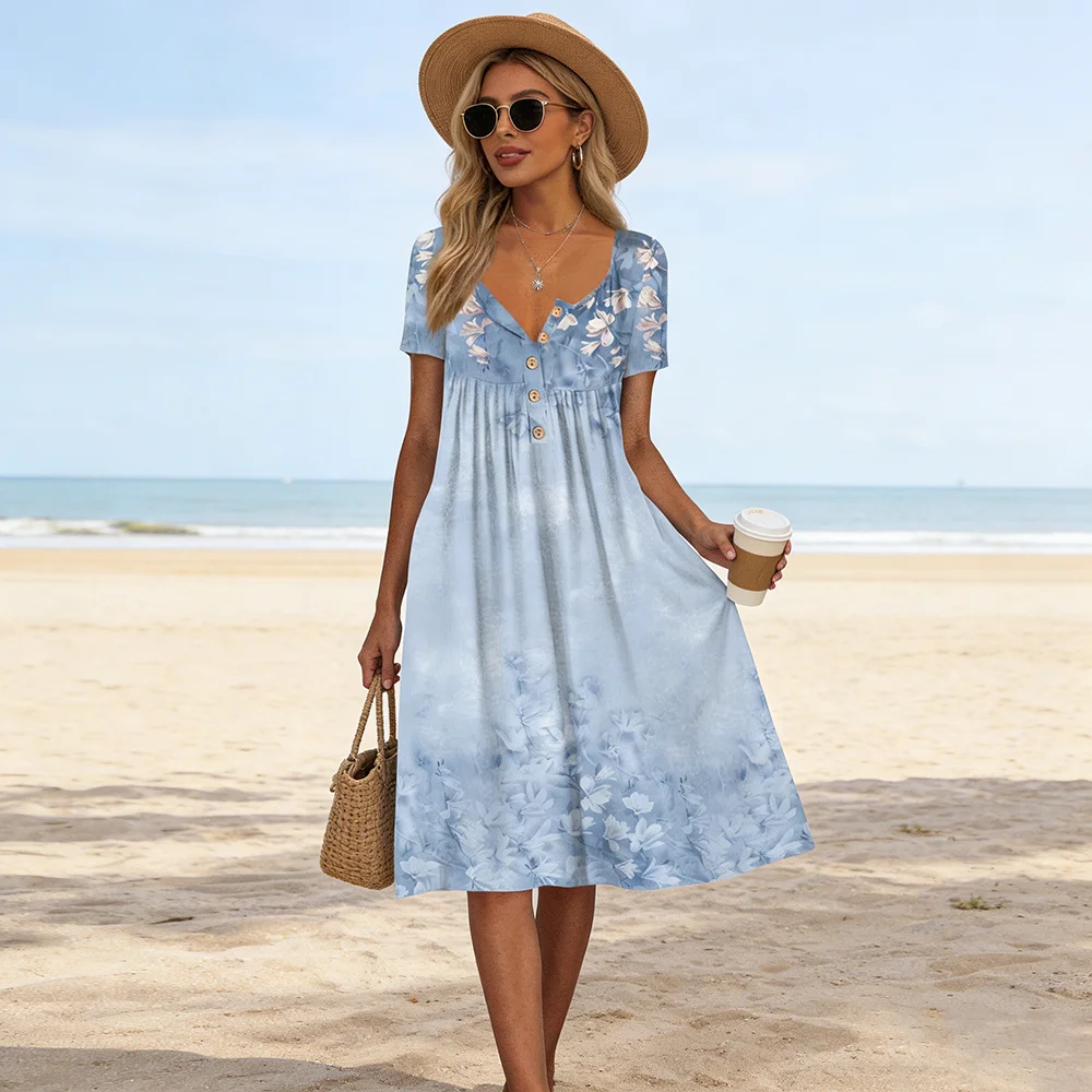 

Summer Casual V-Neck Floral Print Maxi Dress Elegant Beach Vacation Outfit For Women