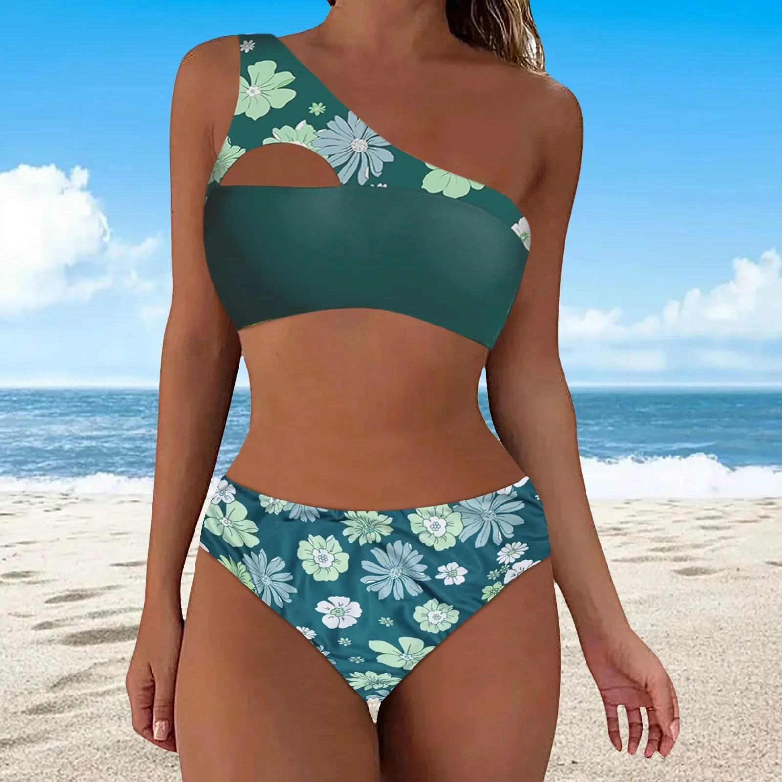 Женские комплекты бикини, двусторонний топ с вырезом на одно плечо и средней талией, женские шорты из двух предметов, купальник с лямкой на шее, купальник из двух предметов