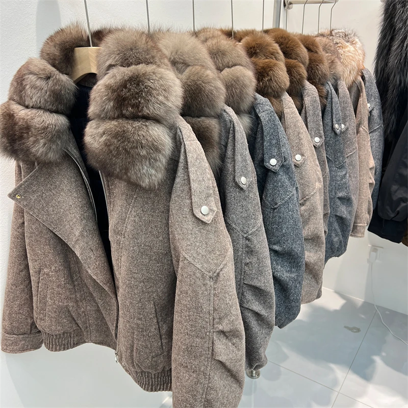 Women Winter Down Jacket, Natural Fox Fur Collar Mid Length Puffer Coat Loose Fit Wool Blend Quilted Jacket Thick Warm Outerwear
