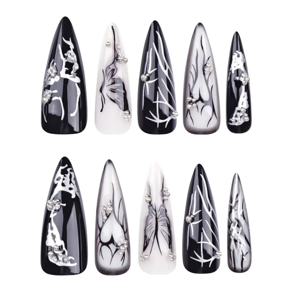 Dark Punk Press on Nails Black Silver Pearl butterfly Long Almond Shaped False Art Nails Manicure Accessories Fake Nails Tip